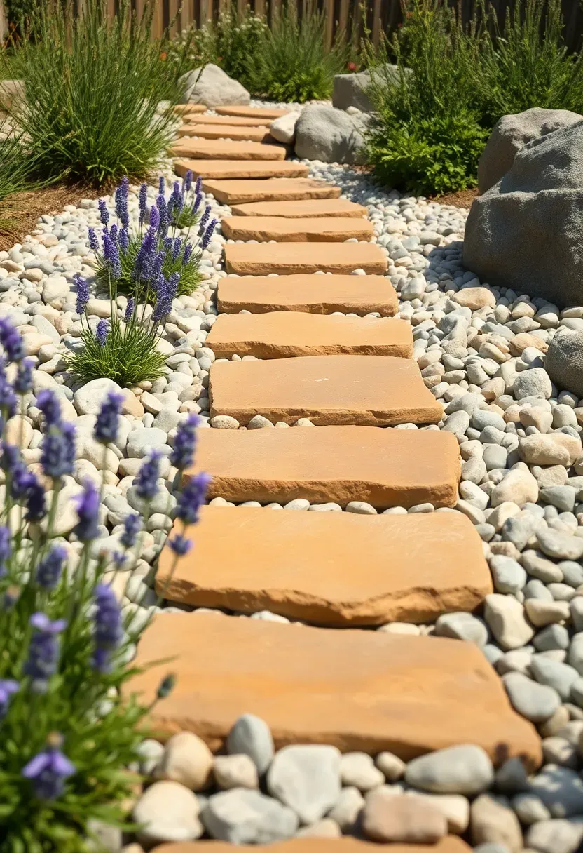 Playful children's garden path with large flat stepping stones set at varied spacing among pebbles, flanked by low lavender and rugged boulders to touch and climb
