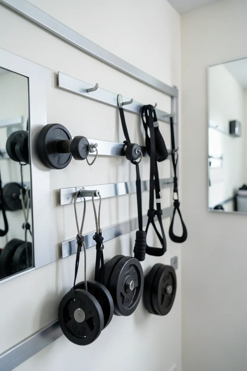 Heavy-duty magnetic strip storage wall system holding metal gym equipment and accessories — modern clutter-free home gym organization idea
