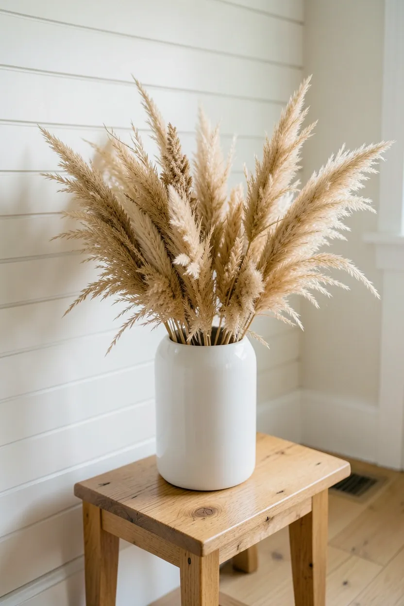 Dried pampas grass and wheat stems in a ceramic vase on a farmhouse coffee table in a neutral living room