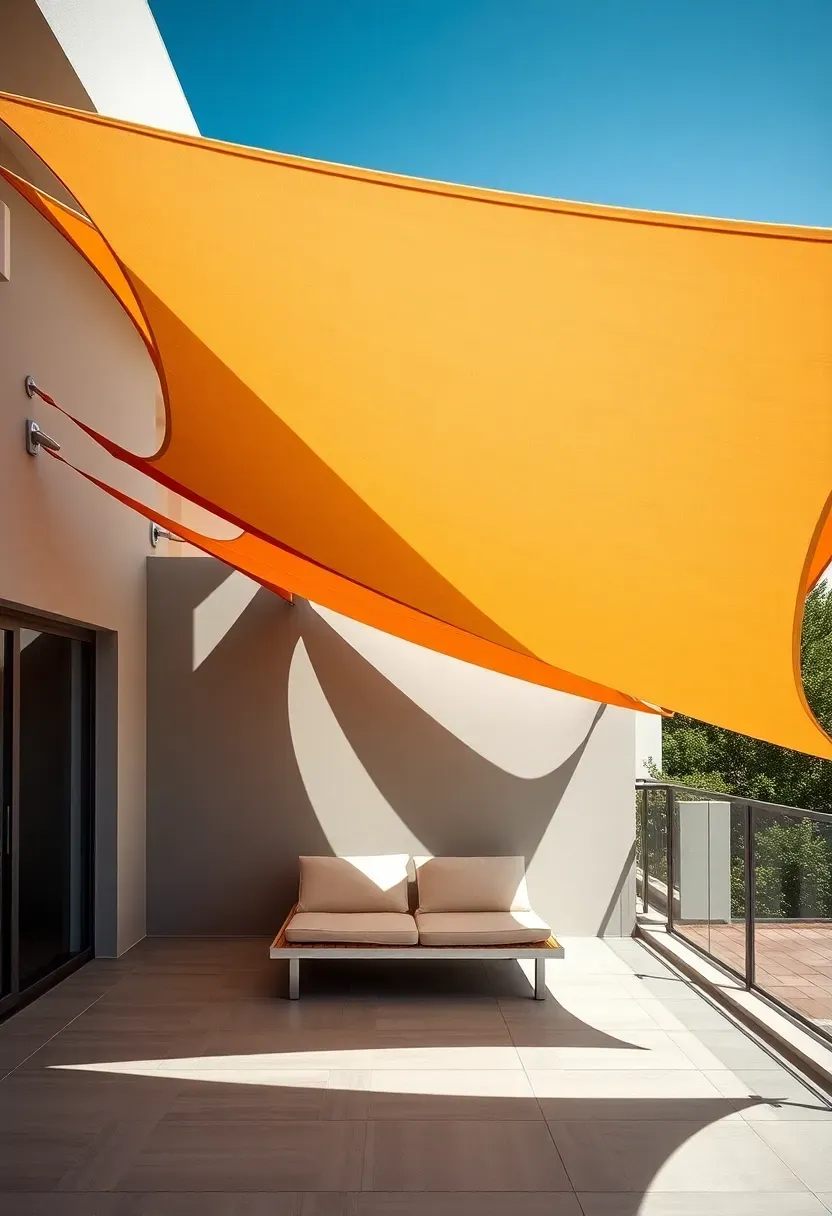 Triangular sail shades in overlapping layers creating geometric shadow patterns on a modern terrace with minimalist furniture below