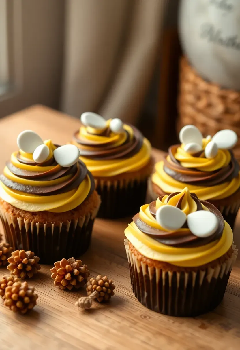 adorable bee themed cupcakes with yellow and black striped frosting, fondant wings, and small honeycomb decorations