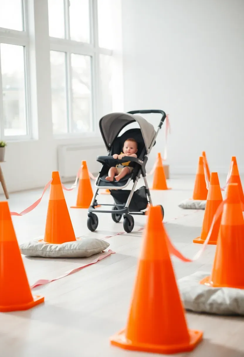 guests pushing a stroller through an obstacle course of cones and cushions at a baby shower