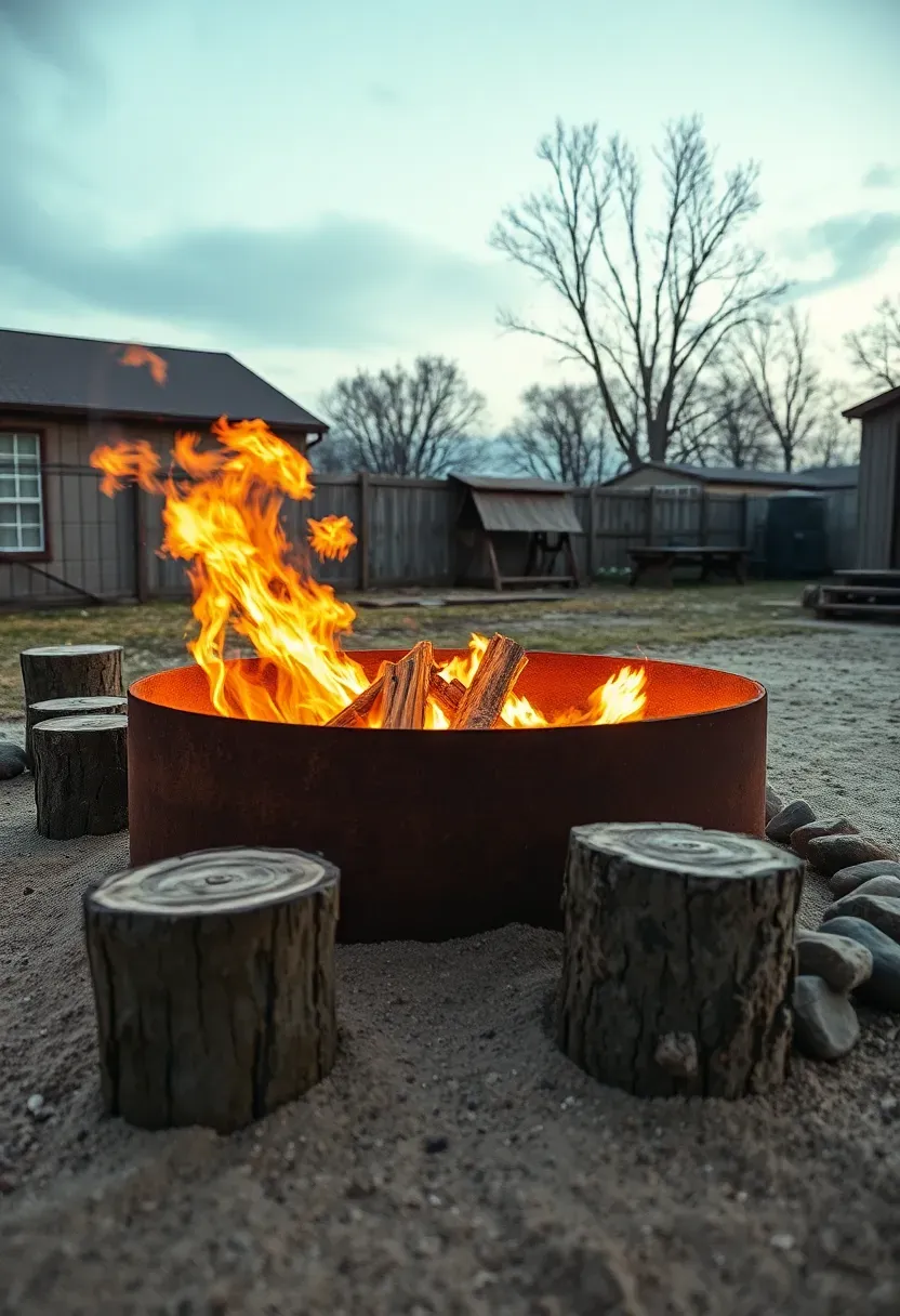 A repurposed tractor tire rim fire pit sitting on a sand base with log seating around it in a rural backyard