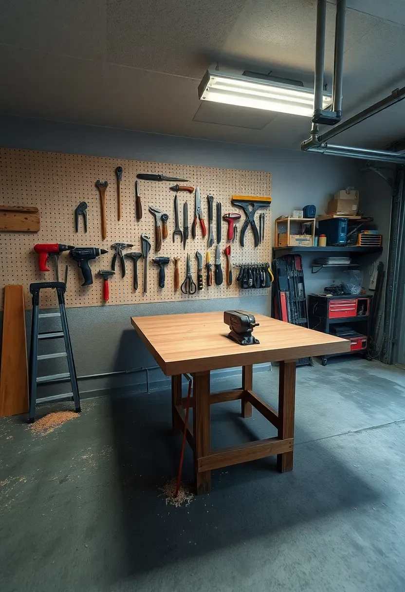 Workshop-equipped attached garage with wall-mounted pegboard, workbench, overhead storage, and concrete floor