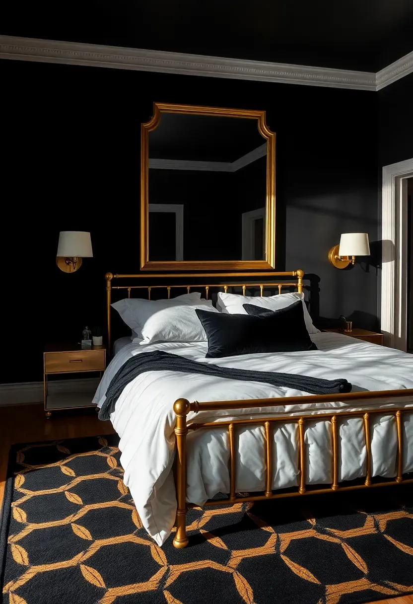Hyper-realistic wide shot of a moody bedroom with onyx black walls, queen bed with white duvet and black velvet shams, gold bed frame, gold table lamps, large gold-framed mirror on wall. Visible room context with black and gold geometric rug, white trim. Materials: matte onyx paint, gold leaf finish, white cotton, black velvet, geometric rug. Warm golden reflections from gold fixtures, luxurious shadows on bedding. No text, no logos, no watermarks.</p>