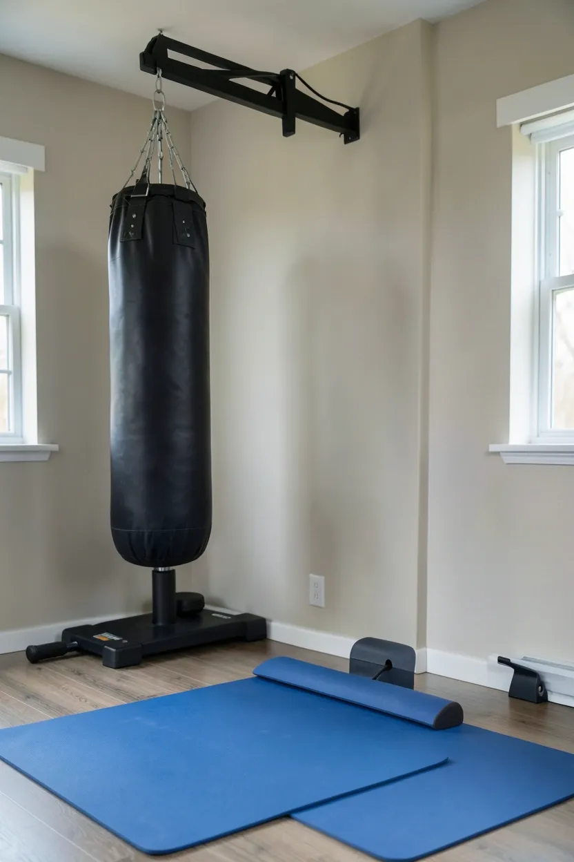 Freestanding heavy bag boxing station on a rubber mat in a small apartment living room — compact cardio workout setup for renters