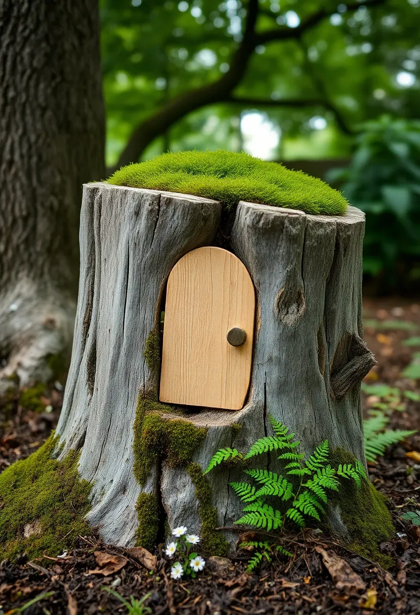 A weathered tree stump carved with a small arched door, round windows, and a moss-covered roof, surrounded by ferns and tiny flowering ground cover