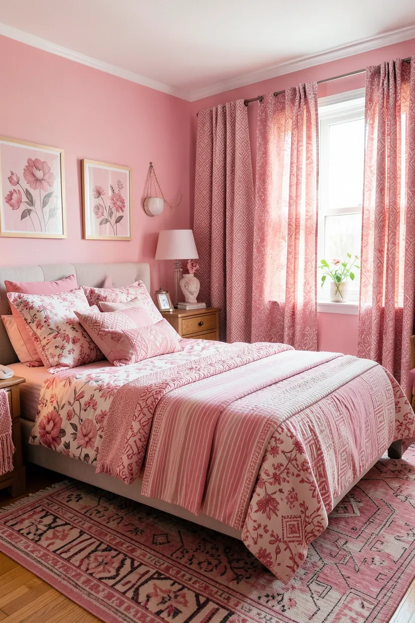 Eclectic Pink Bedroom with Pattern Mixing