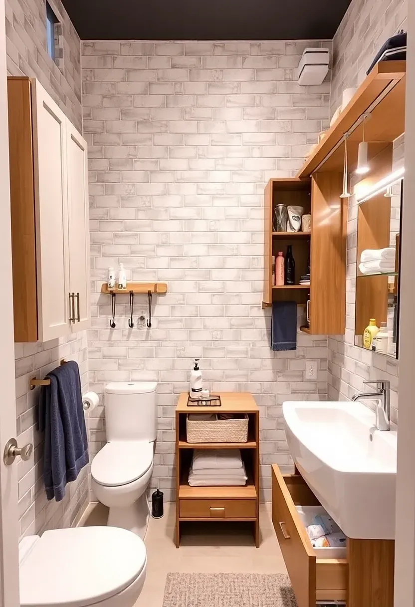 Compact rental bathroom using over-toilet shelving woven baskets and a slim rolling cart for organized small space storage