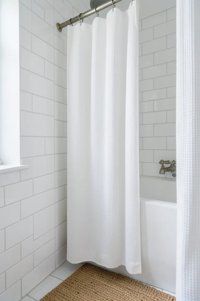 White waffle-weave shower curtain with weighted hem on a curved rod, transforming a small apartment bathroom instantly