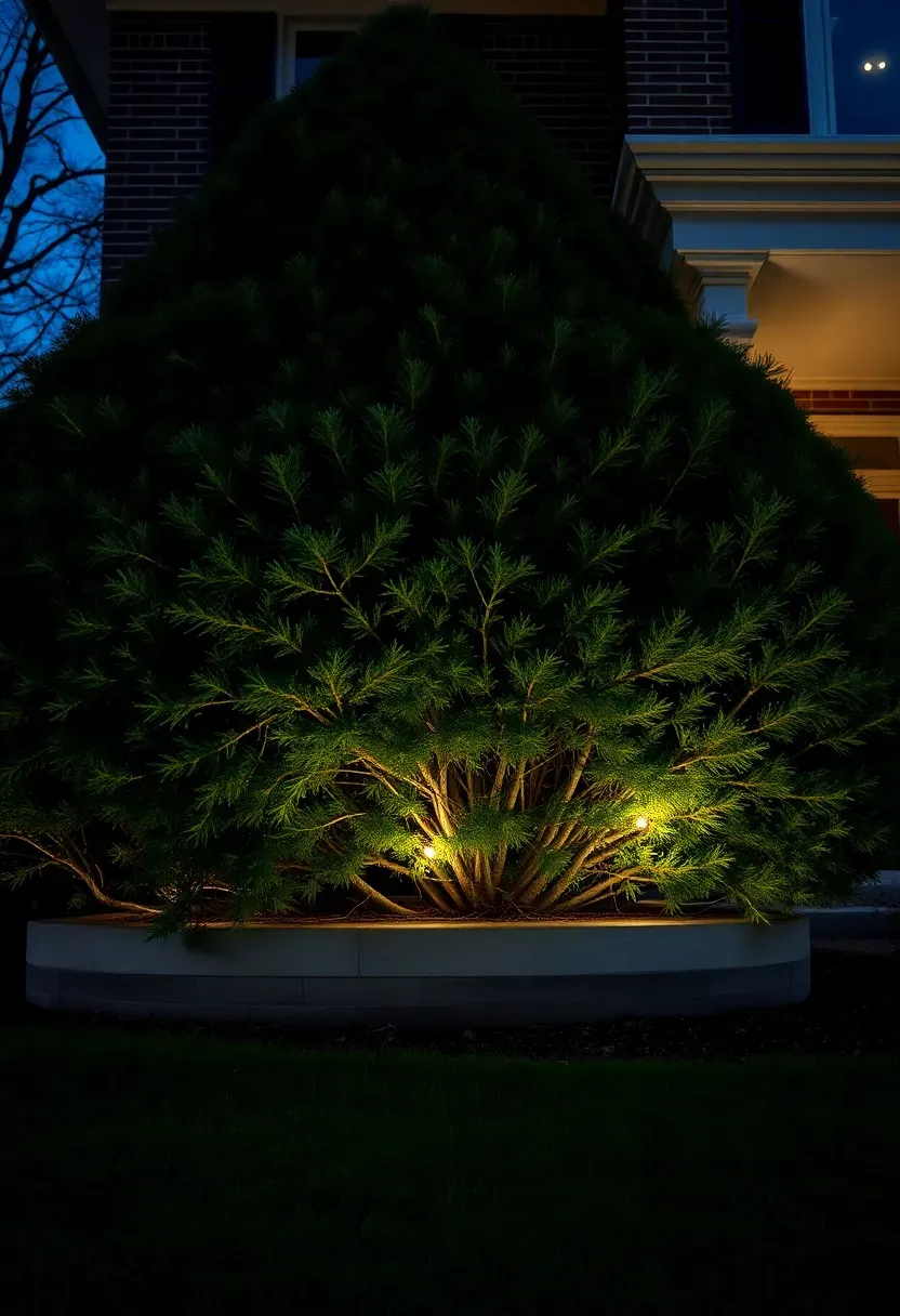 Hyper-realistic front view of a residential home foundation featuring large, deeply planted evergreen shrubs with lighting layered at multiple depths—some lights near the interior branches, others toward the exterior surface—creating three-dimensional depth and dimension rather than flat coverage. Materials: large established evergreen shrubs with deep interior branching, brick facade, white trimmed windows, concrete porch foundation, manicured lawn. Natural evening darkness with multi-depth lighting creating volumetric three-dimensional effect in shrubbery with visible interior glow and exterior brightness, cool blue ambient sky. Professional dimensional mood like botanical garden holiday display. Shallow depth of field, sharp details on nearest shrub lighting layers, sophisticated composition with visible depth, dramatic shadows within plantings, no text or watermarks.</p>