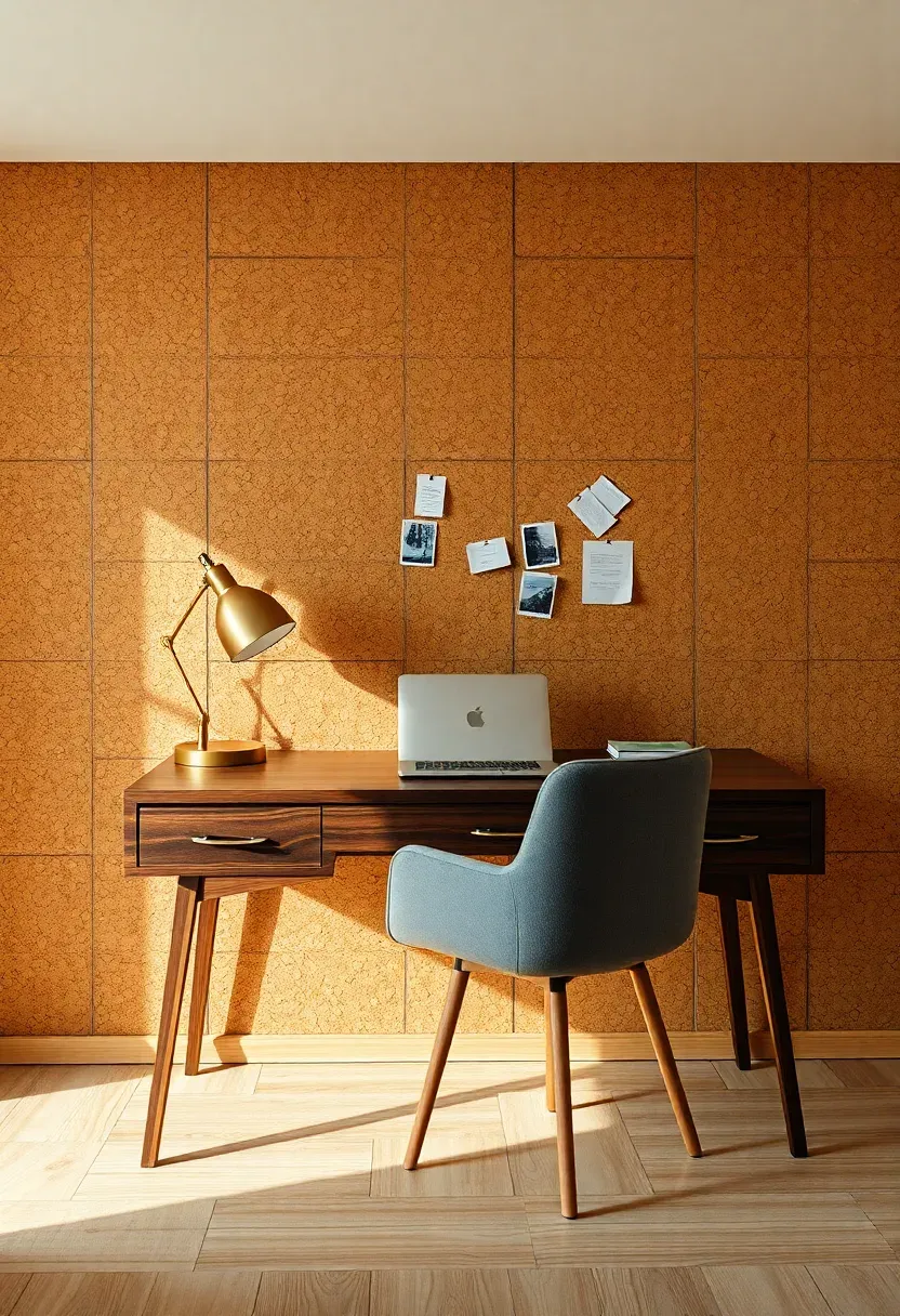 natural cork wall tiles in a warm brown tone installed on a basement home office wall with a desk below