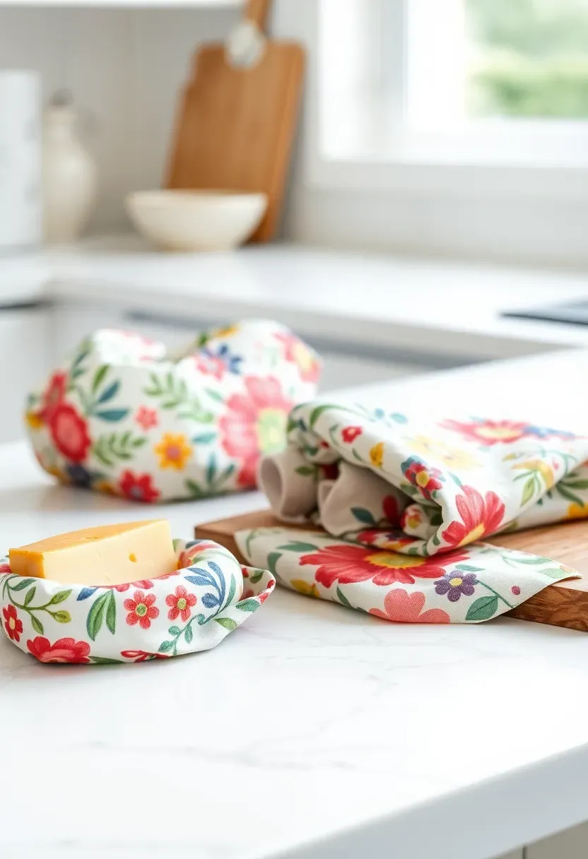 beeswax food wraps in colorful floral patterns folded on a kitchen counter