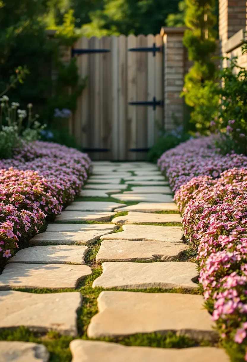 A backyard pathway with flagstone stepping stones surrounded by a dense carpet of blooming creeping thyme in pink and purple, with a wooden garden gate in the distance