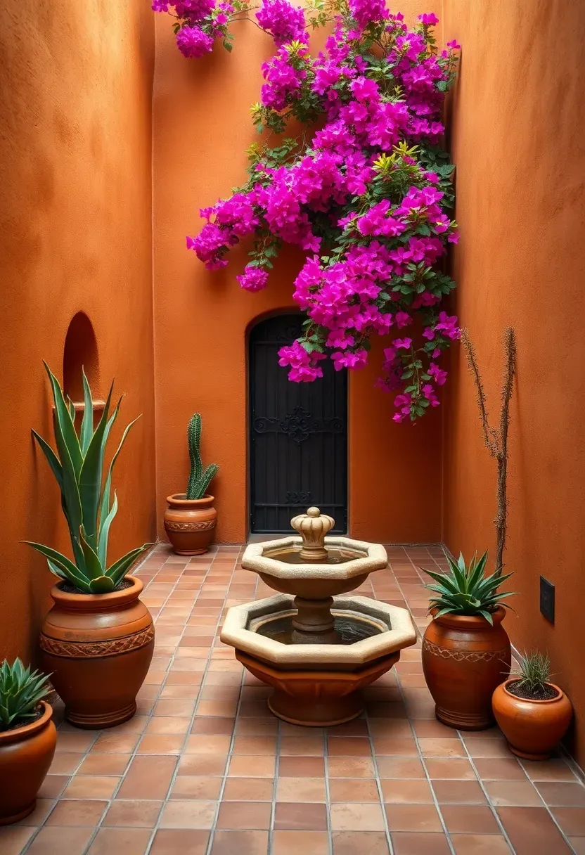 Tucson-style adobe walled garden with terracotta walls, terracotta pots, ocotillo fence, bougainvillea, and a central courtyard fountain