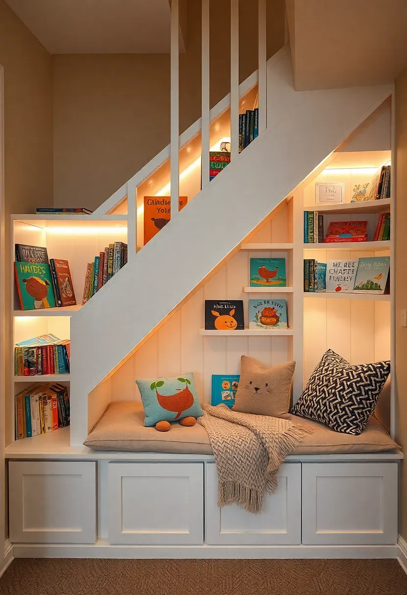 Hyper-realistic 3/4 view of an under-stairs library with built-in bookshelves following the staircase slope and a cushioned bench beneath. White painted wood shelves with colorful children's books and picture books, a cushioned bench with a knitted throw and pillows. LED strip lighting under each shelf creates warm glow. Materials: painted wood, foam cushions, wool knit throw, LED lighting. Warm ambient lighting from hallway, cozy nook-like atmosphere. Whimsical charming mood like a storybook reading corner. Sharp details, visible staircase slope above, no clutter.</p>