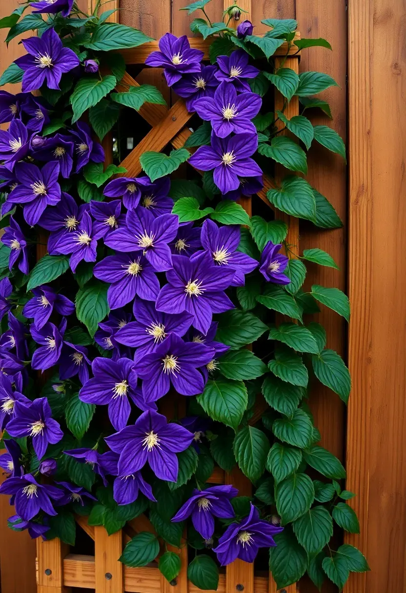 Purple clematis climbing a wooden trellis panel mounted on a backyard fence surrounded by perennial garden beds in full bloom