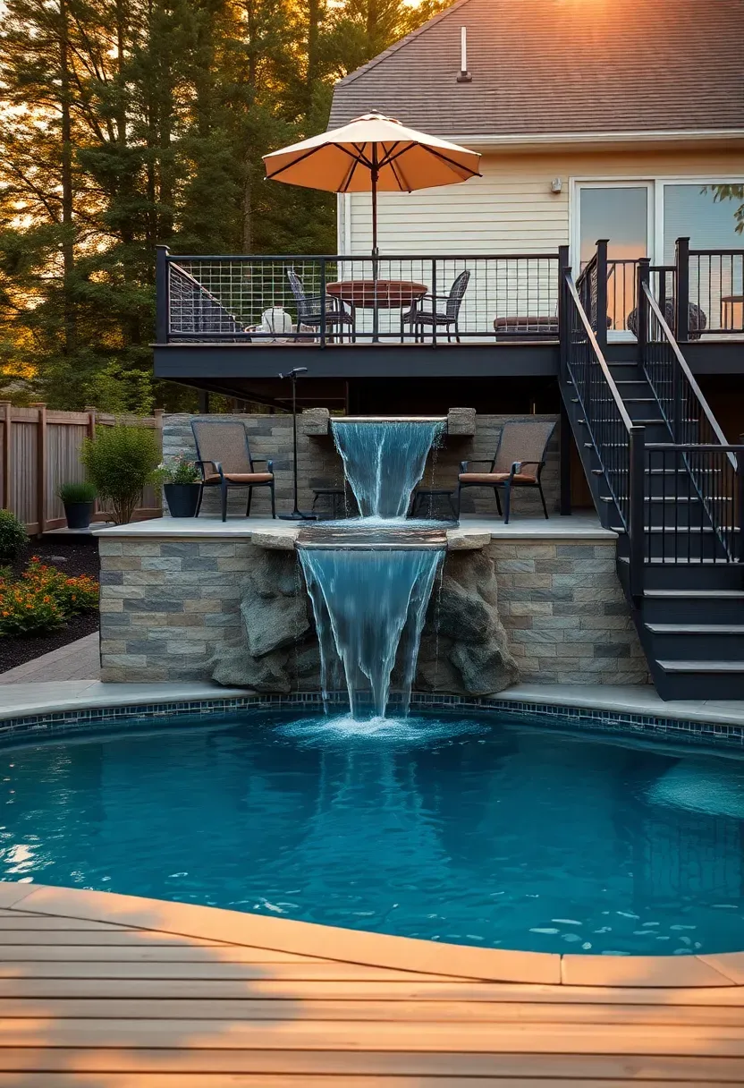 Hyper-realistic 3/4 view of above-ground pool with multi-level composite deck design featuring three connected elevations. Materials: gray composite decking with hidden fasteners, cable rail system, dark aluminum pool frame, LED-lit waterfall spilling from mid-level deck into pool below. Diffused golden light of late afternoon, warm tones on deck surface, dramatic shadows revealing elevation changes. Luxury backyard retreat mood showing dining table with umbrella on mid-level, chaise lounges on upper level. Visible water flow from waterfall feature, pool surface catching reflections. Wide staircase connections between levels. Visible house exterior in background. No text, no logos, no watermarks.</p>
