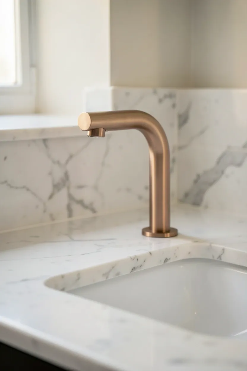 Brushed nickel faucet installed on a white vanity in a rental apartment bathroom — reversible upgrade