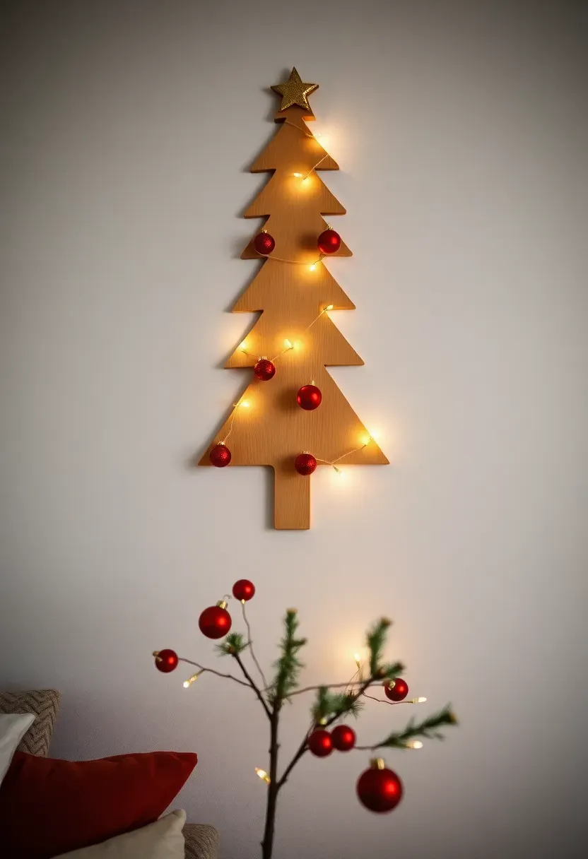 Hyper-realistic 3/4 view of a wall-mounted half Christmas tree—a flat wooden tree cutout mounted on a white wall, decorated with lightweight shatterproof ornaments and battery-operated LED lights. Materials: painted wooden tree cutout, lightweight plastic ornaments in red and gold, micro LED lights, white wall. Soft room light (3000K), creating gentle shadows from ornament depth. Small-space mood, shallow depth of field with ornament details sharp, visible room context showing compact apartment living room. No text, no logos, no watermarks.</p>