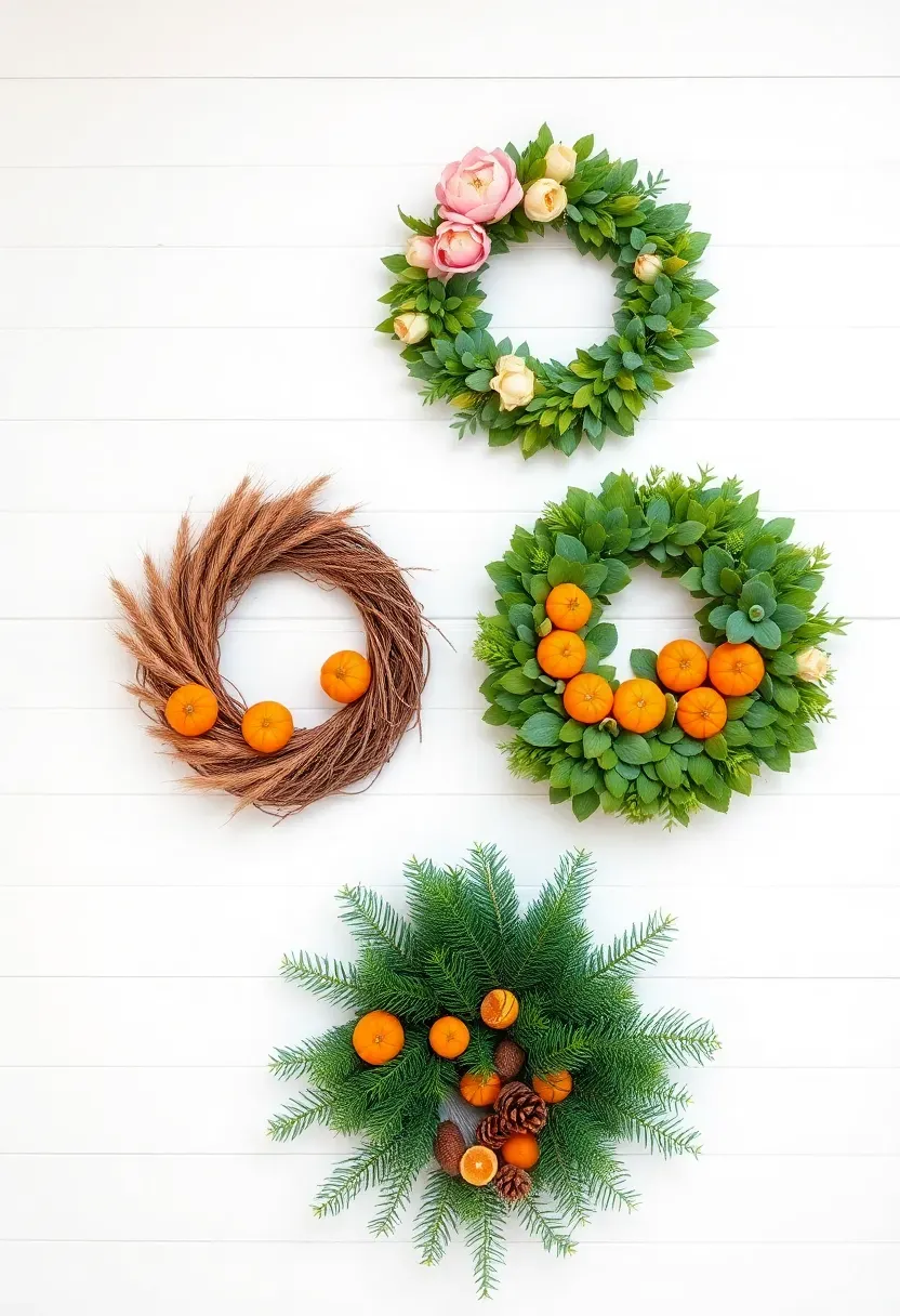 Four seasonal wreaths displayed in a grid: spring floral, summer greenery, autumn wheat, and winter evergreen