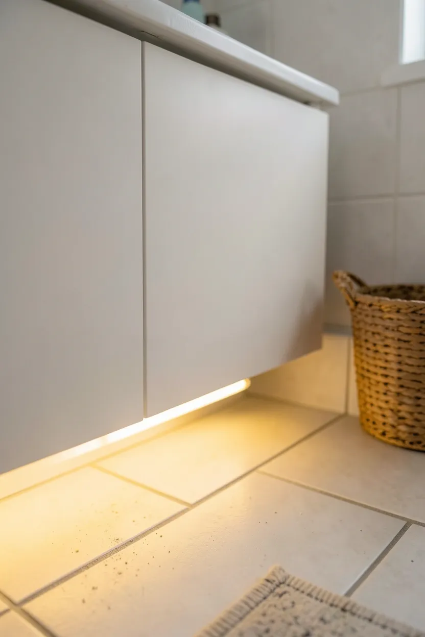 Battery-operated LED strip lights glowing warm amber under bathroom vanity cabinet, creating soft ambient lighting in a renter-friendly apartment bathroom