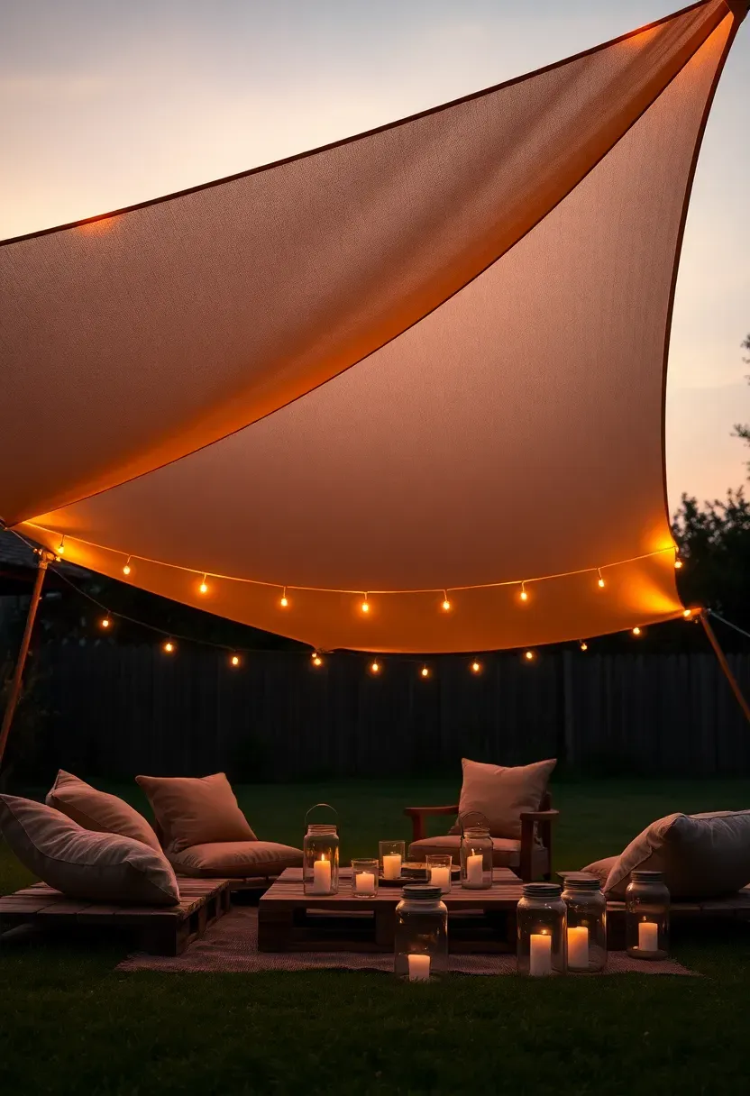 Triangular shade sail with embedded LED string lights glowing warmly at dusk over a backyard lounge area with floor cushions and a low table