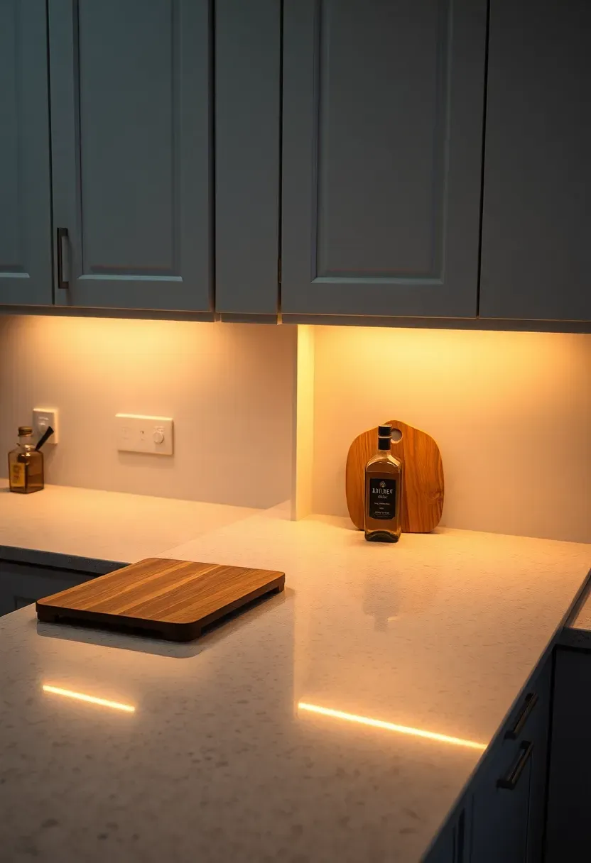 warm under-cabinet LED strip lighting illuminating a kitchen countertop at night