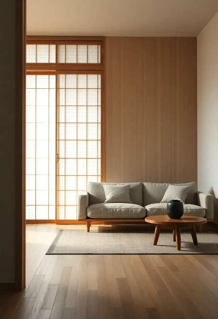 Japandi-style living room combining Japanese shoji screens with Scandinavian light wood furniture, a low platform sofa, and minimal decor