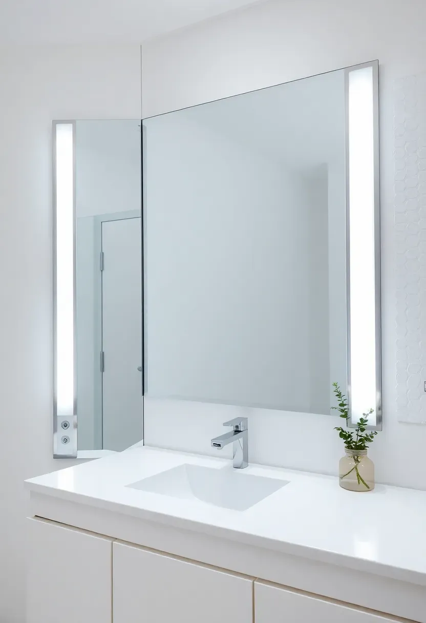 Vertical LED strip lights integrated into both sides of a frameless bathroom mirror in a minimalist white bathroom
