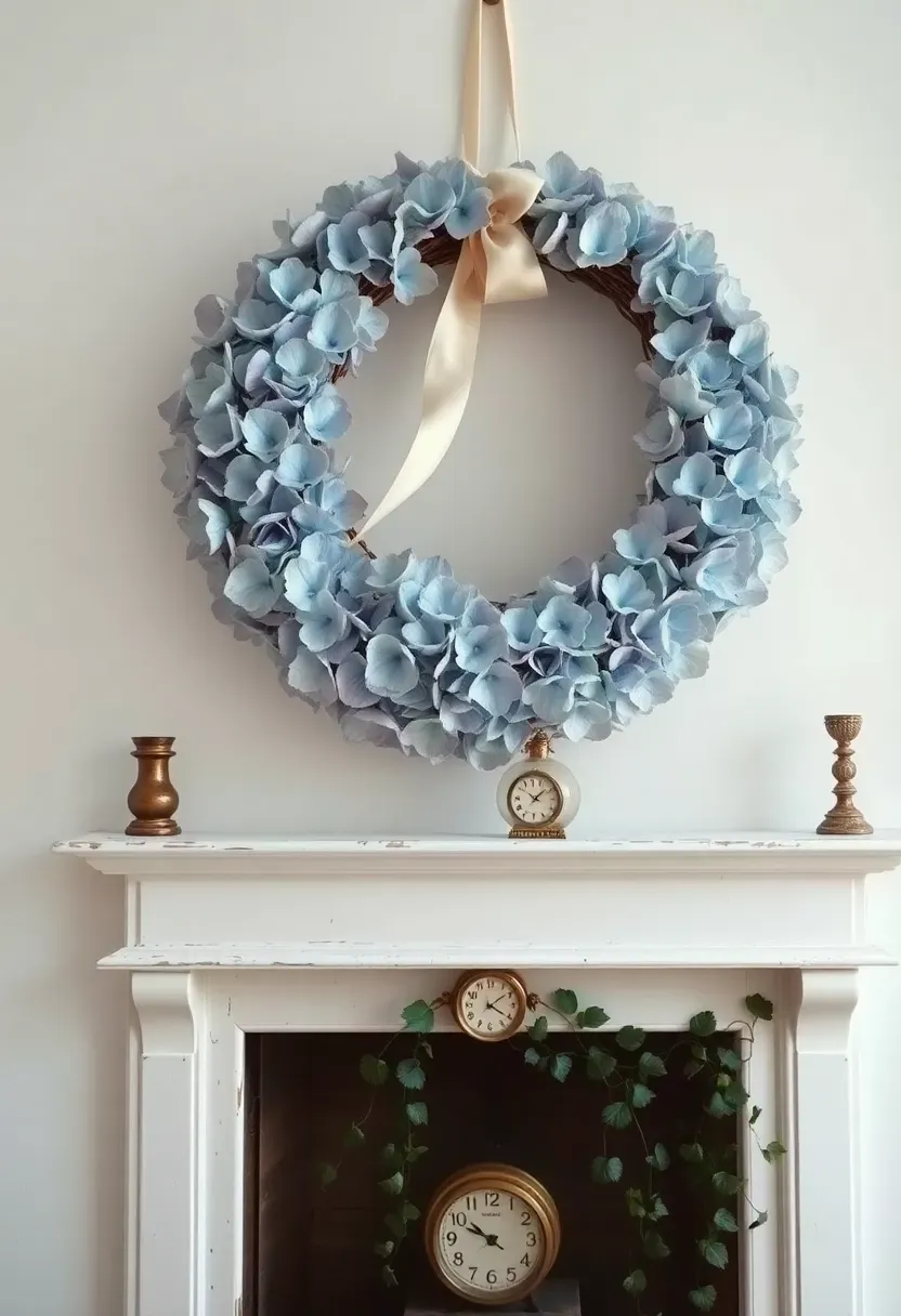 Large dried hydrangea wreath in muted blue and lavender tones hanging on a wall above a distressed white mantel in a shabby chic dining room