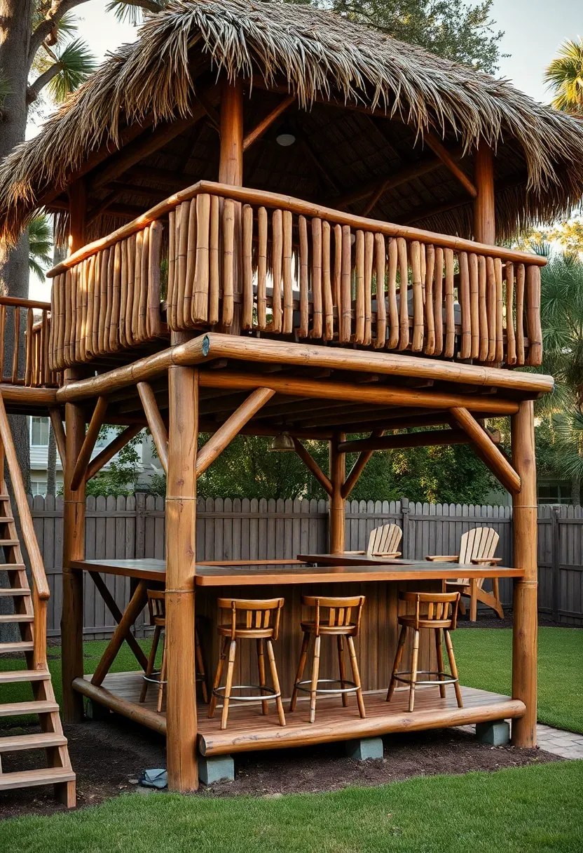 Two-level backyard tiki bar with a ground-floor bar counter and an upper observation deck with bamboo railings and a thatched roof