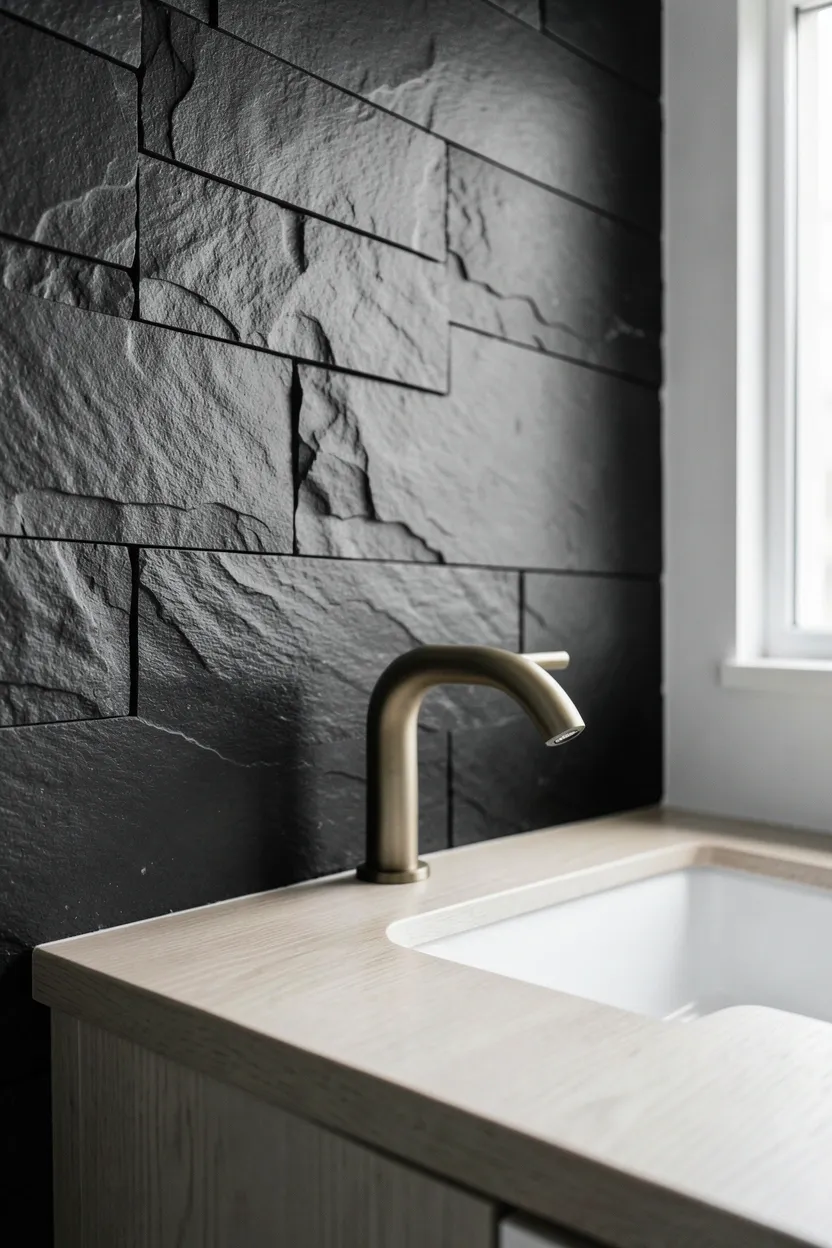 Black slate stone backsplash behind a white bathroom vanity with natural veining texture — sophisticated dark accent wall element
