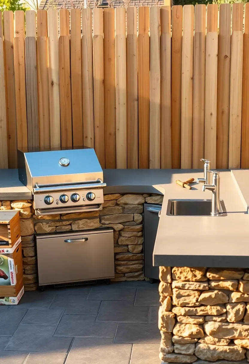 L-shaped outdoor kitchen with concrete countertops, built-in gas grill, and stone base in a remodeled backyard