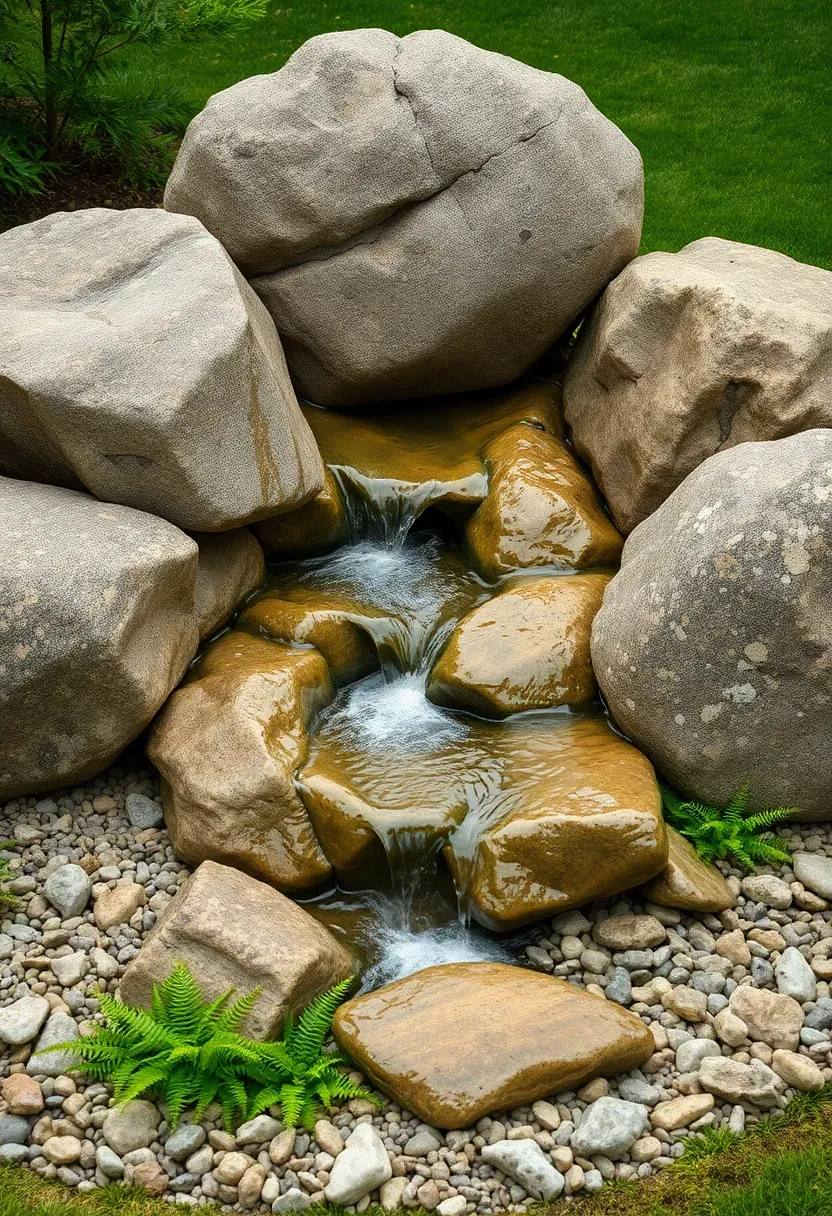 Cluster of large natural boulders with water flowing between and over them in a naturalistic backyard waterfall arrangement