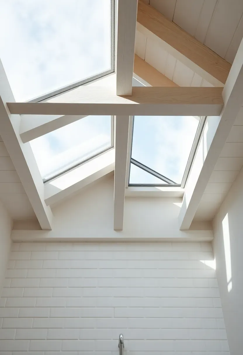 Hyper-realistic upward angle of bathroom skylight with white painted wooden ceiling beams, soft daylight filtering through, glimpses of white subway tile walls and floating oak vanity below. Materials: painted timber ceiling, double-glazed skylight, white tile walls, light oak vanity. Soft diffuse daylight, pale neutrals with blue-ish white sky tones. Airy serene mood, shallow depth of field with sharp skylight frame detail, god rays of light. Vertical 2:3 framing. No text.</p>