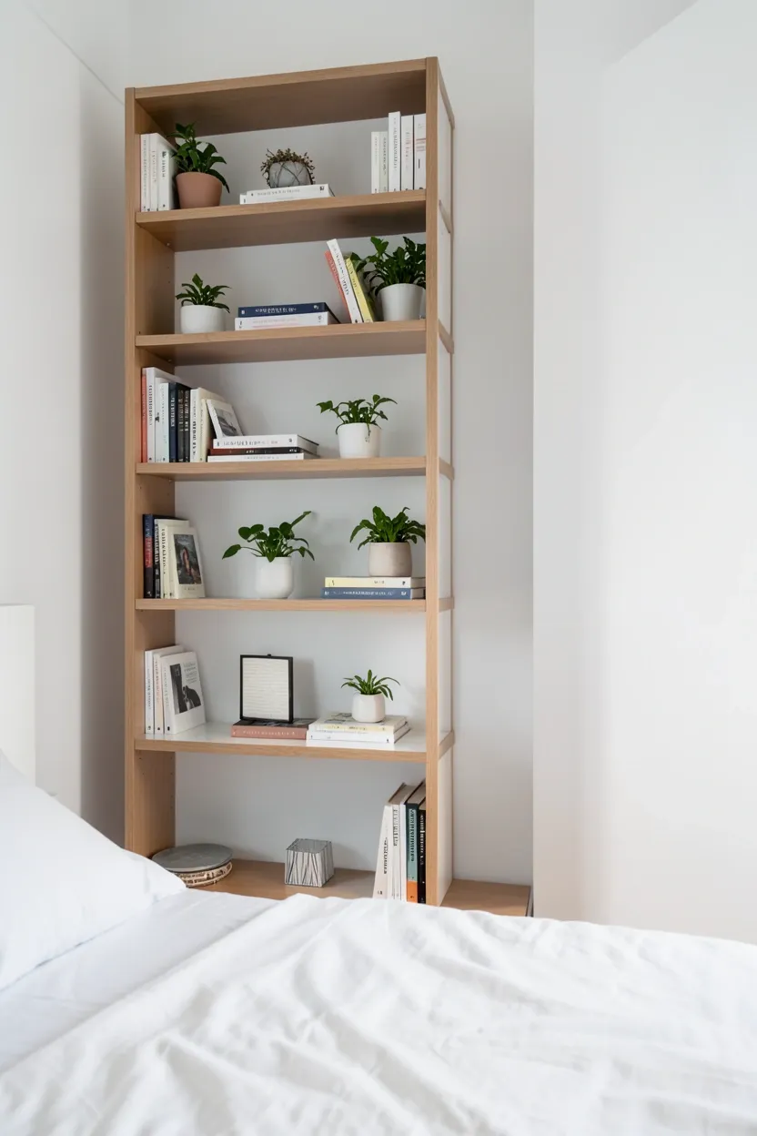 Tall narrow white bookshelf installed directly behind a bed as headboard alternative in a compact bedroom, drawing the eye upward