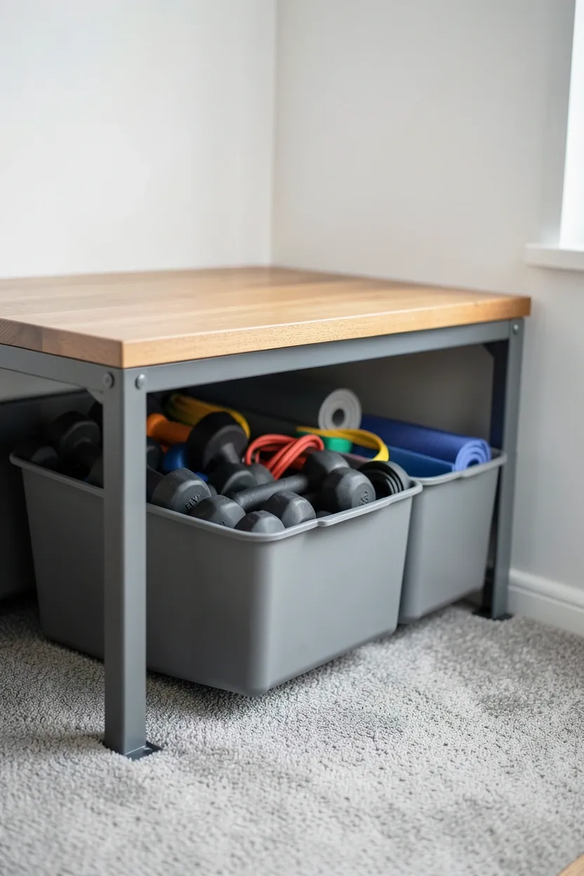 Lofted platform workout surface with concealed rolling storage bins underneath — innovative mini gym storage for small apartment spaces