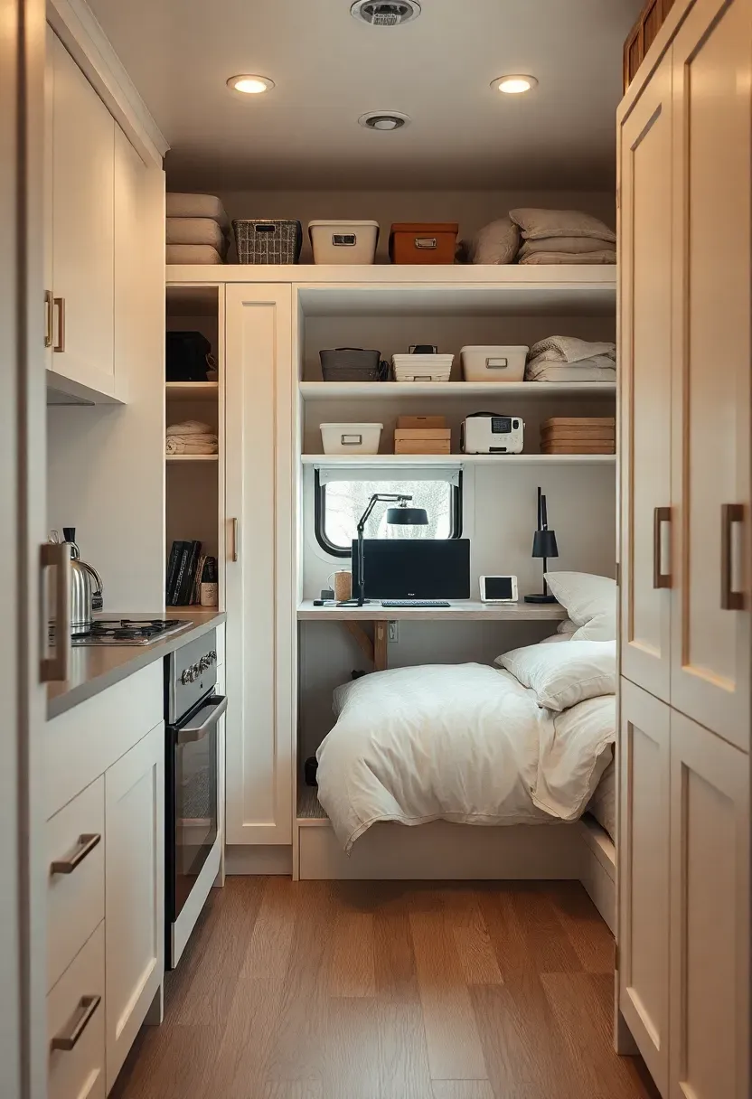 Hyper-realistic 3/4 view of a tiny house with zoned storage—kitchen items near kitchenette, desk supplies at workstation, linen cabinet near sleeping area. Materials: white oak floor, matte white cabinets, linen bedding, brushed steel pulls. Warm diffused window light, creamy neutrals with organized clutter. Mood: zoned, logical, calm. Shallow depth of field, sharp details, balanced composition, soft shadows, visible room context. No text, no logos, no watermarks.</p>