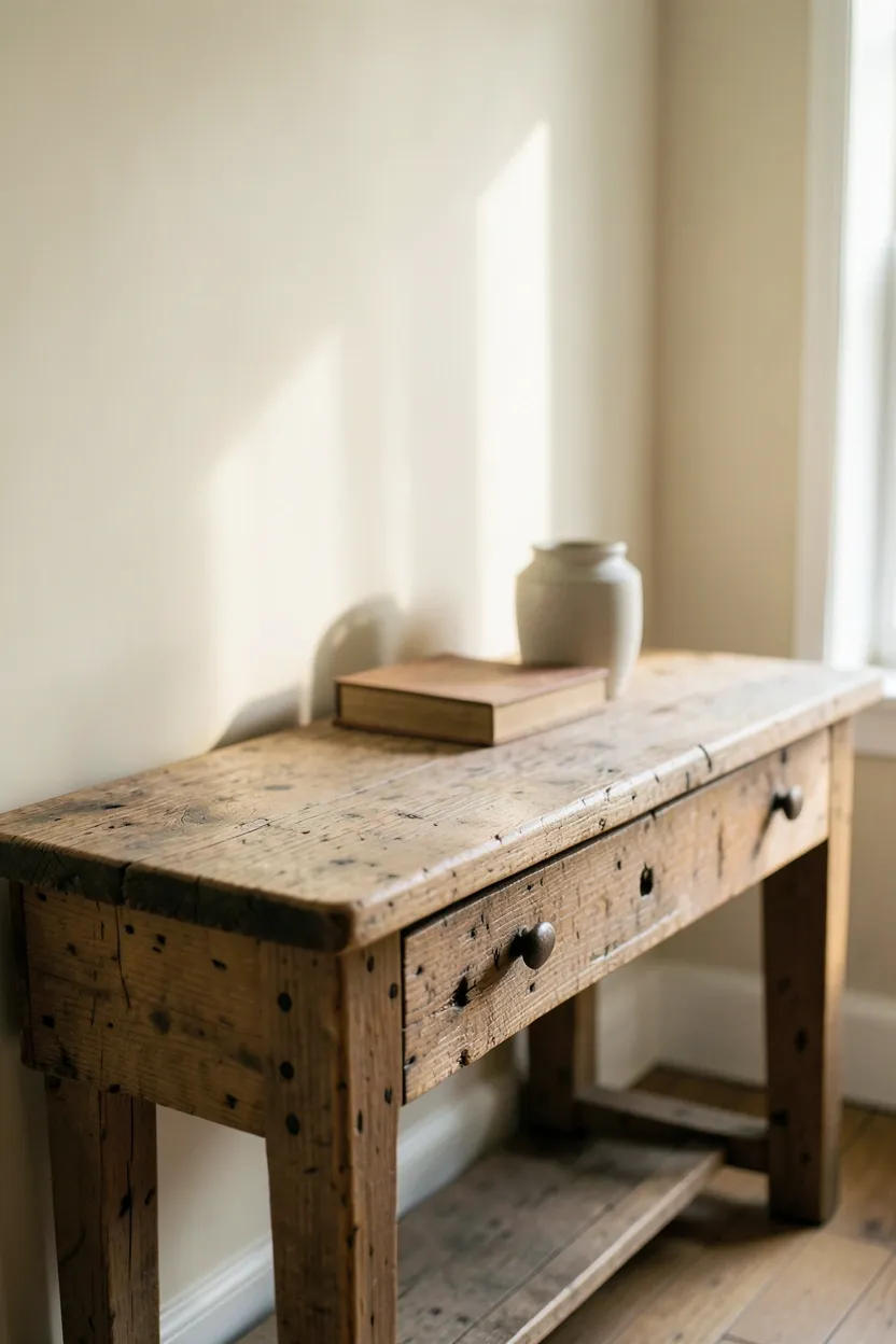 Reclaimed wood floating shelf with worn patina in a bright minimalist rental apartment, white walls