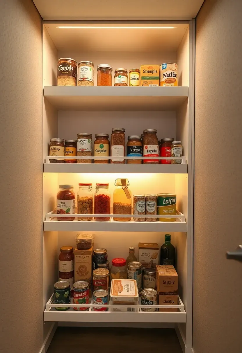Narrow pull-out pantry shelving system built into a basement wall with canned goods, spices, and dry storage visible on sliding trays