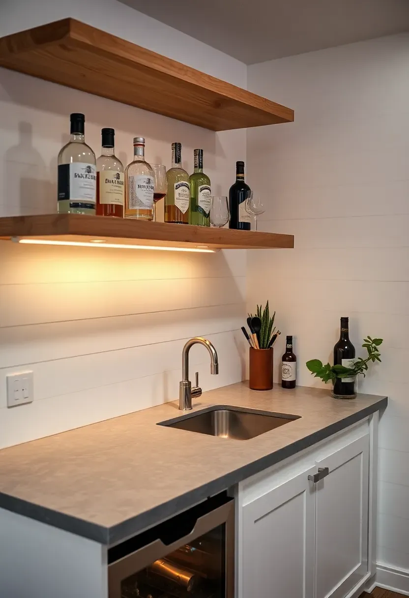 Cozy basement wet bar with floating shelves, a small sink, undercabinet lighting, and a stone countertop