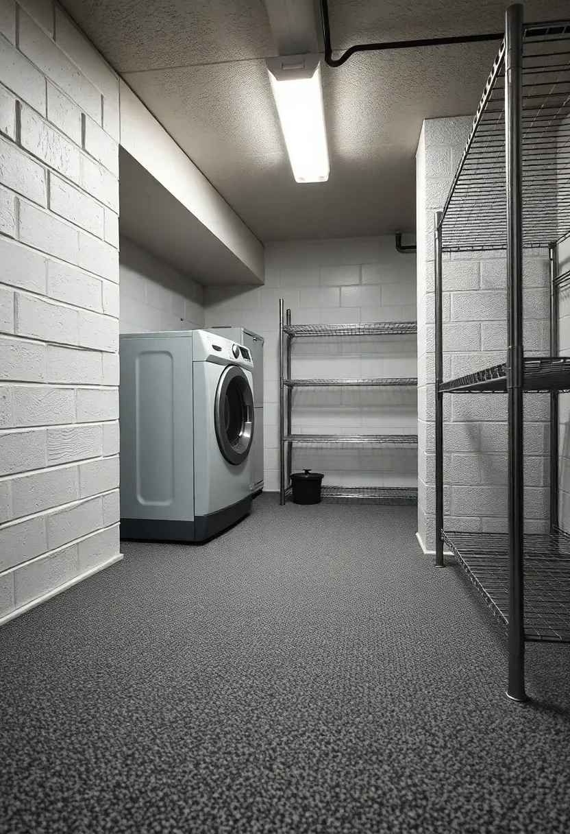 basement utility room with low-pile commercial grade carpet in a speckled gray pattern