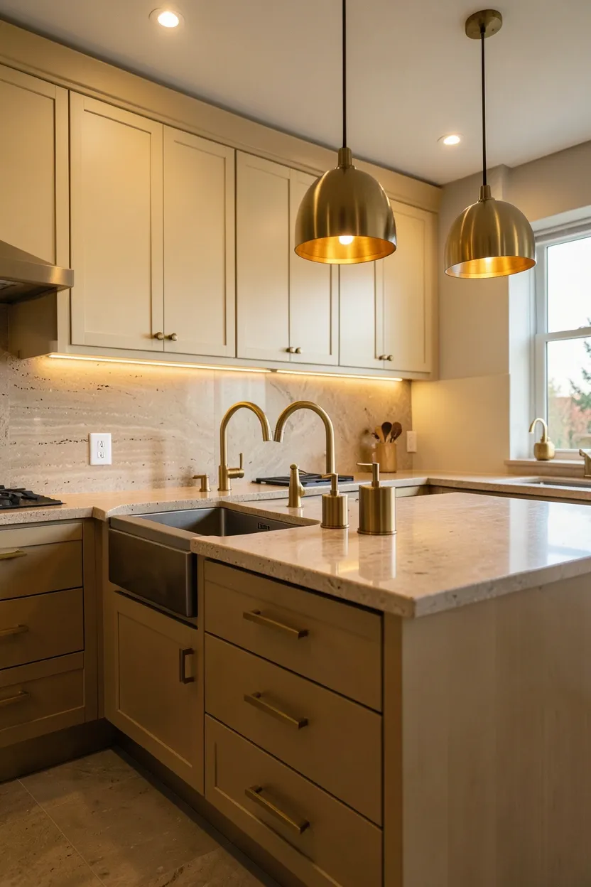 Hyper-realistic eye-level photograph of a modern fall kitchen with warm brass hardware throughout. Upper cabinets in warm cream with visible warm brass pulls and knobs. Lower drawers feature matching warm brass hardware. Kitchen sink with warm brass faucet and brass soap dispenser. Warm brass pendant light fixtures hang over island. Honed travertine countertop in warm tones. Warm ambient lighting highlights brass's golden glow throughout space. Consistent warm brass finish creates cohesive autumnal aesthetic. No text, no logos, no watermarks.</p>