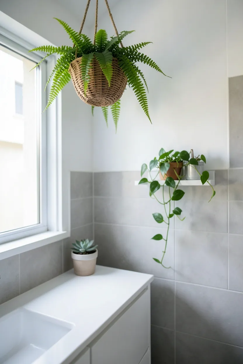Pothos and fern plants on a wall-mounted shelf adding greenery and spa-like tranquility to a small bathroom