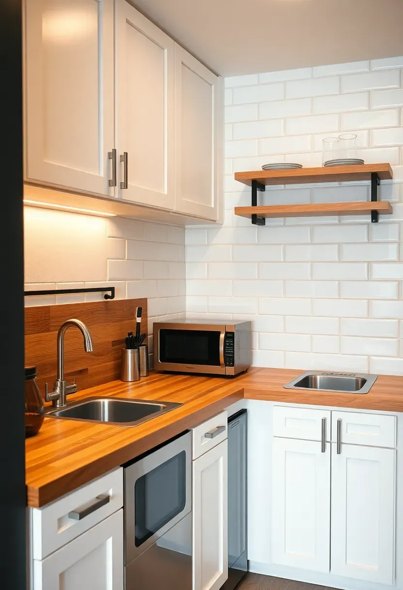 Compact basement kitchenette built along a plumbing wall with butcher block countertop, undermount sink, microwave, mini fridge, and floating shelves