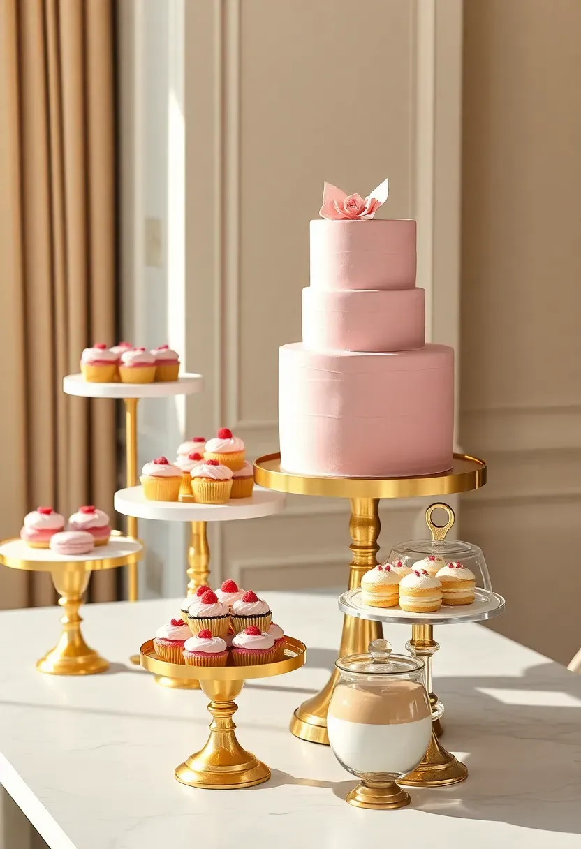 tiered baby shower dessert table with cake stands at different heights macarons cupcakes and cookies in a pastel pink and gold color scheme