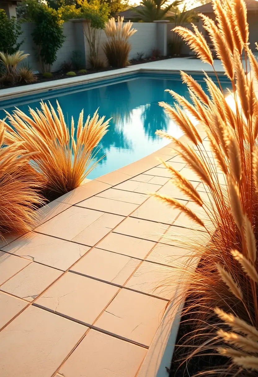 Elegant pool deck with cream travertine pavers bordered by flowing ornamental grasses in bronze and gold tones catching warm sunset light