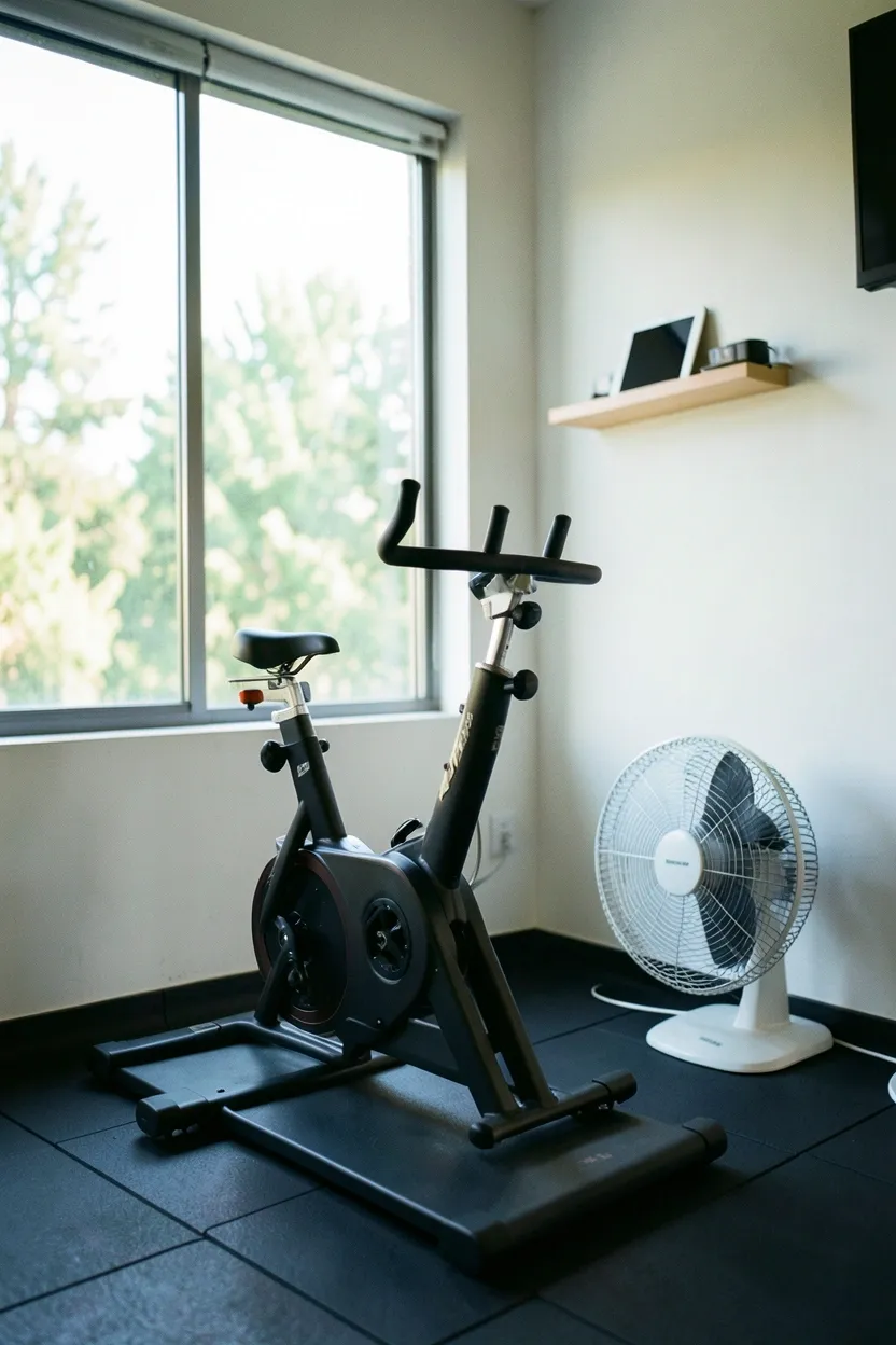 Compact spin bike positioned in front of bright window in small apartment gym room with natural light
