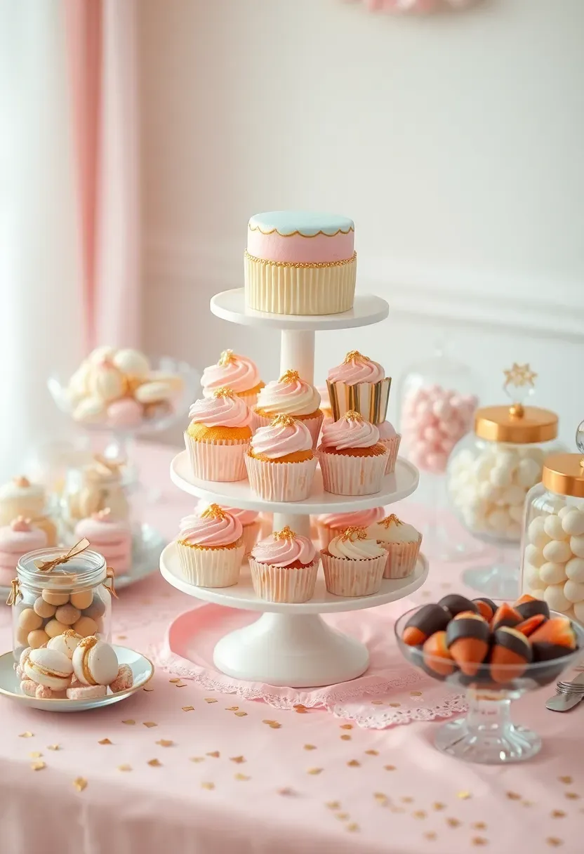 Elegant dessert table with tiered cupcake stands, a small birthday cake, macarons, and candy jars decorated in pink and gold for a sweet 16